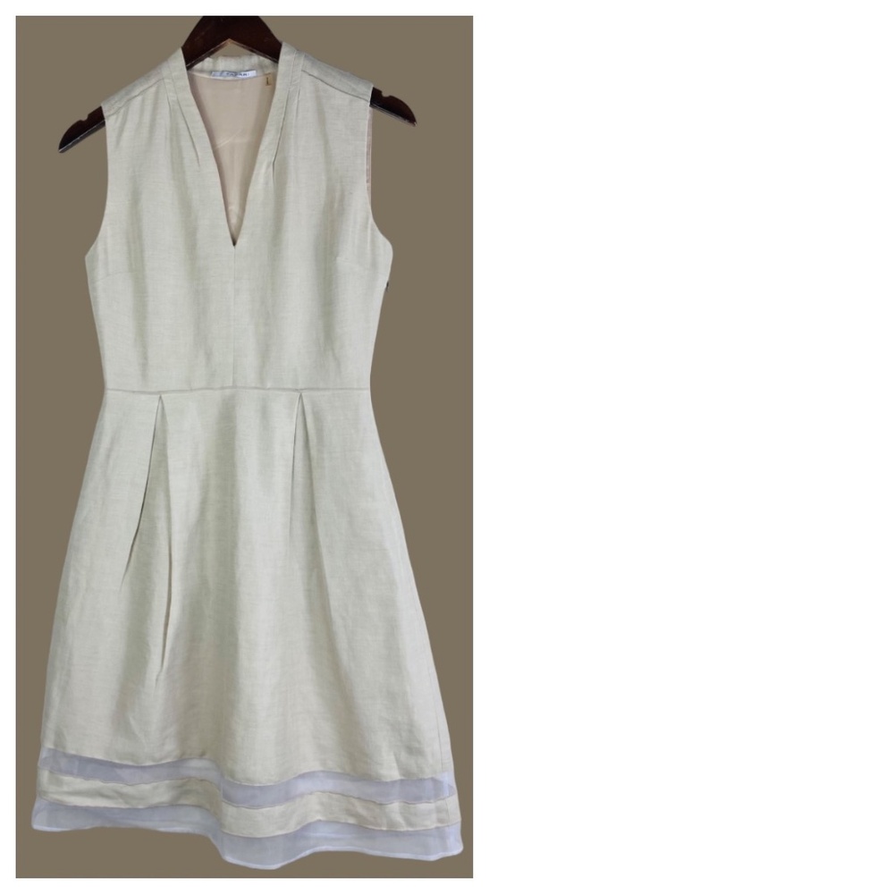 Tahari Sz 2 Small Dress LINEN Beige Ivory Slvss. V-Neck Coastal Chic - Picture 2 of 6